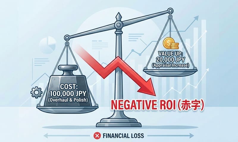 シミュレーション：10万円のOH費用に対し、査定アップが下回る「赤字」のリスク。,ロレックスのオーバーホール費用と査定額アップの損益分岐点図解
