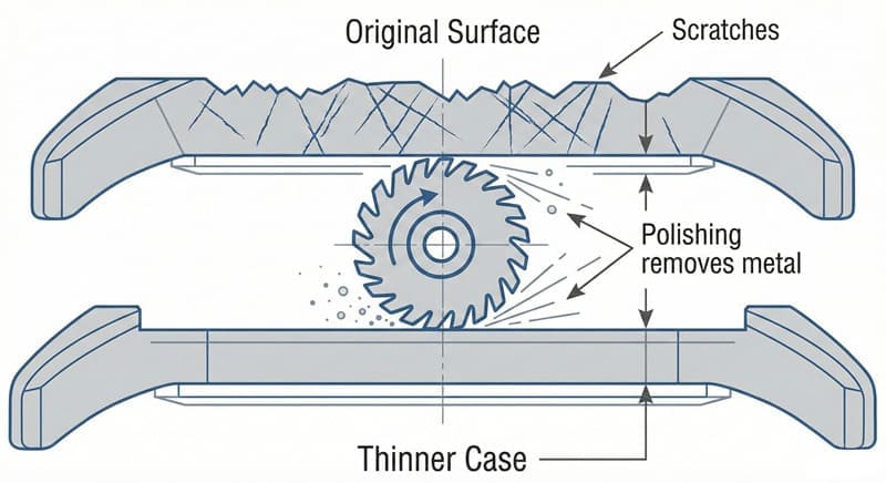 傷の深さまで周囲を削り落とすため、ケースの肉厚が減少する。 時計ケースの研磨により金属が削り取られる様子を示す断面図