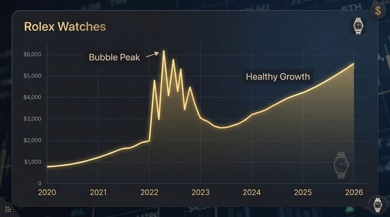 2022年のバブルと2026年からのロレックス相場の正常化のイメージさせる折れ線グラフ