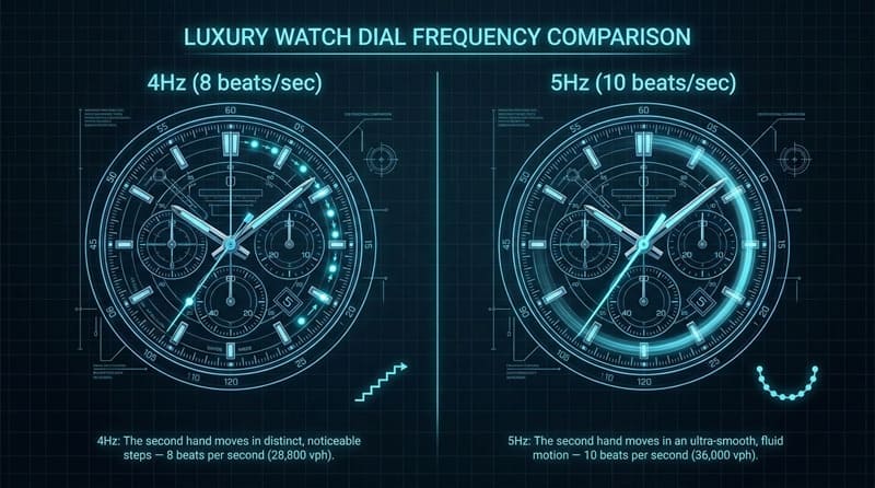 5Hz（Cal. 7135）vs 4Hz（従来機）の滑らかさ比較図