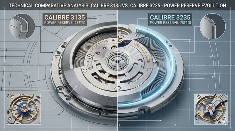 Cal.3135の頑強さとCal.3235のデリケートな香箱の対比のインフォグラフィック