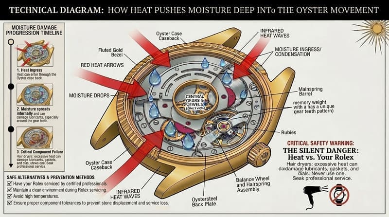 なぜロレックスの結露にドライヤーを使う「応急処置」が危険なのか解説したインフォグラフィック