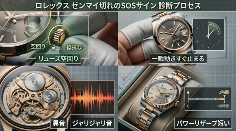 ゼンマイ切れの4つのSOSサインの診断法の一覧図解：ロレックス編
