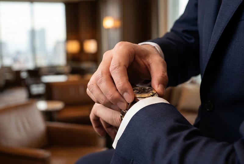 ロレックスの時計を愛用している様子