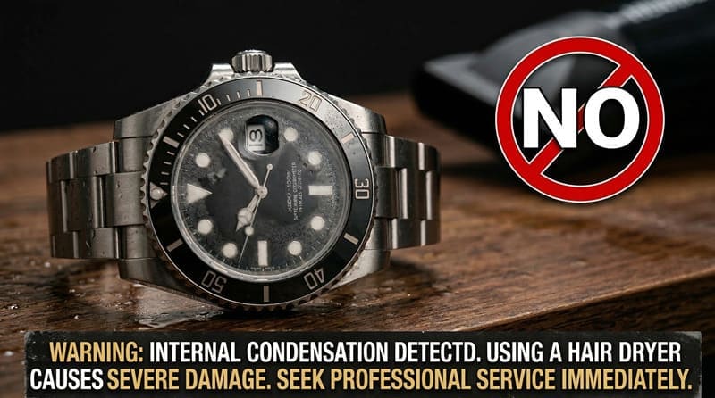 時計内部に結露を感知した英文による注意喚起