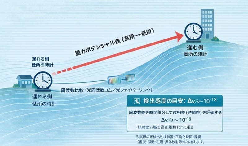 高低差で時間の進み方が変わる（光格子時計の概念解説図）