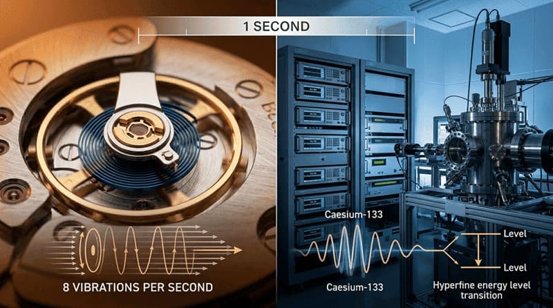 左側には鼓動するロレックスのテンプ(機械工学の限界)。右側には1秒を定義するNICTのセシウム原子時計チャンバー。その間に1秒の物理的定義の波形と「 Ce-133」の原子モデルが描かれている。