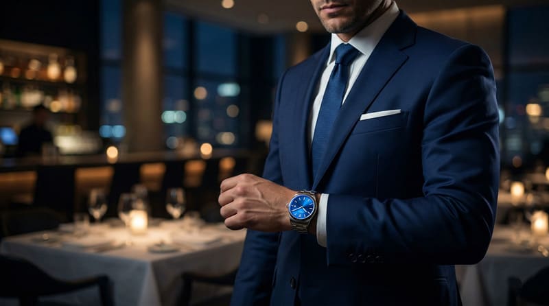 ネイビースーツの袖口から光る青文字盤