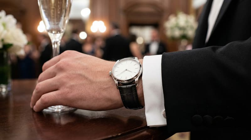 フォーマルなタキシードと白文字盤腕時計