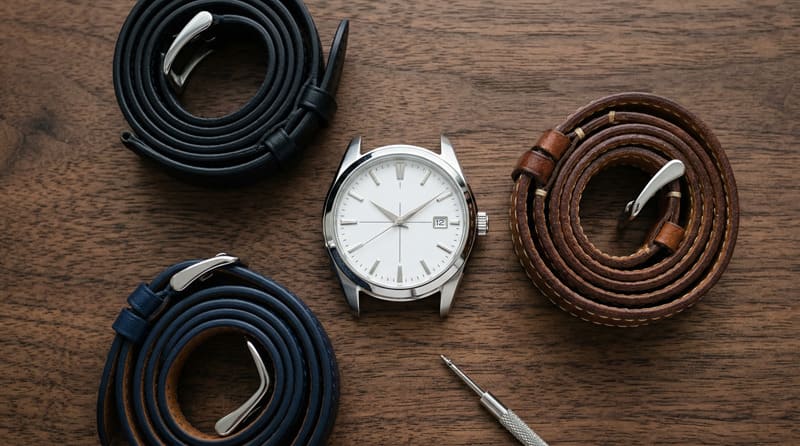 一本の美しい白文字盤時計と三本の高級レザーベルト