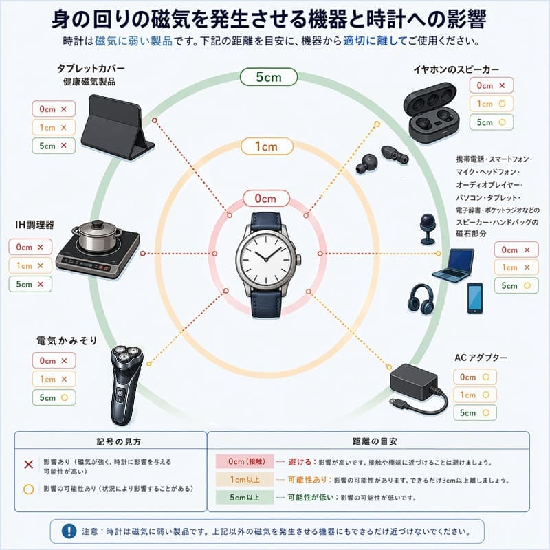 各機器が一般時計へ影響をあたえる距離の図解