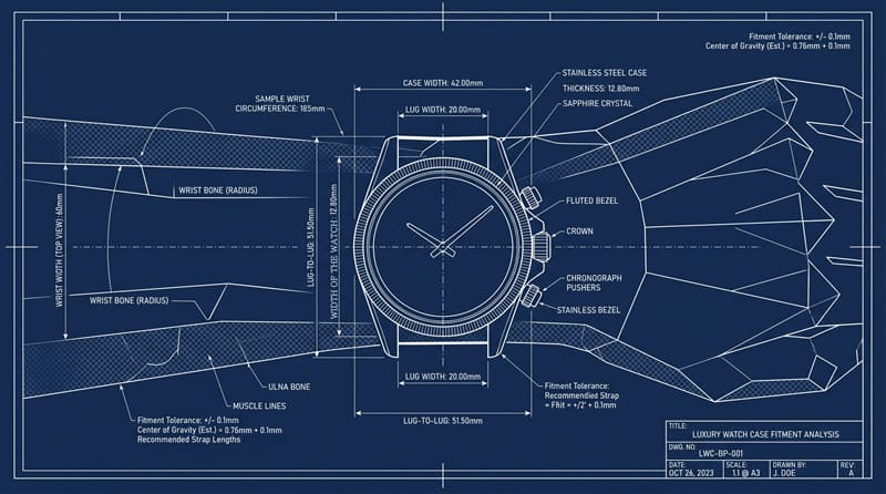 時計のケースと手首の輪郭のエルゴノミクス図