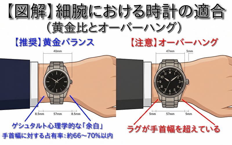 細腕における時計の適合の図解