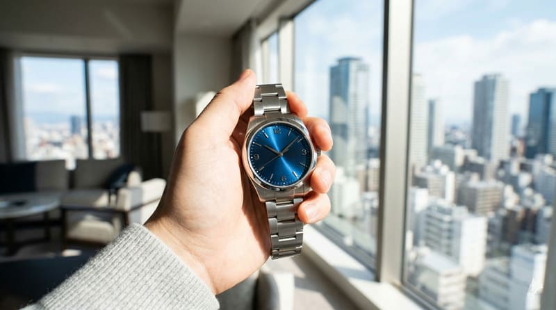 自然光に当てた青文字盤腕時計