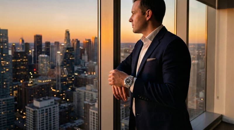 高層階の住人が高級腕時計を触れているイメージ