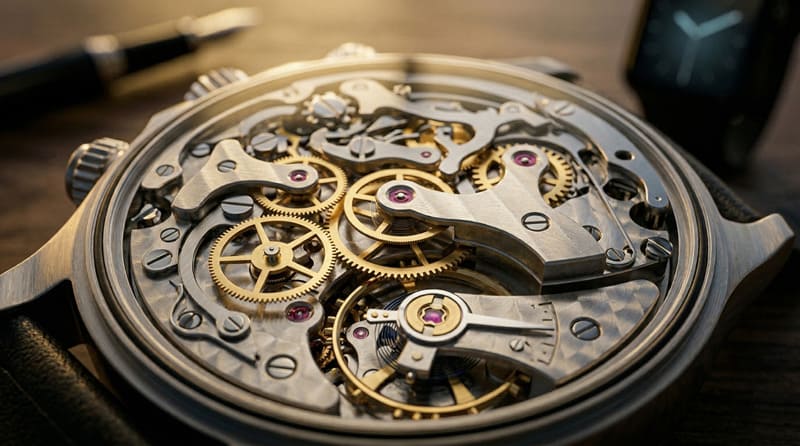 高級アナログ腕時計の精巧で複雑な機械式ムーブメントのイメージ