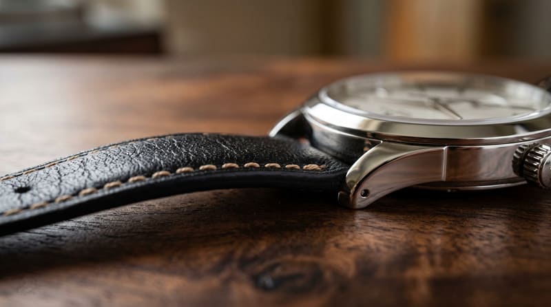 黒の革ベルトとステンレス製のラグのアップ画像