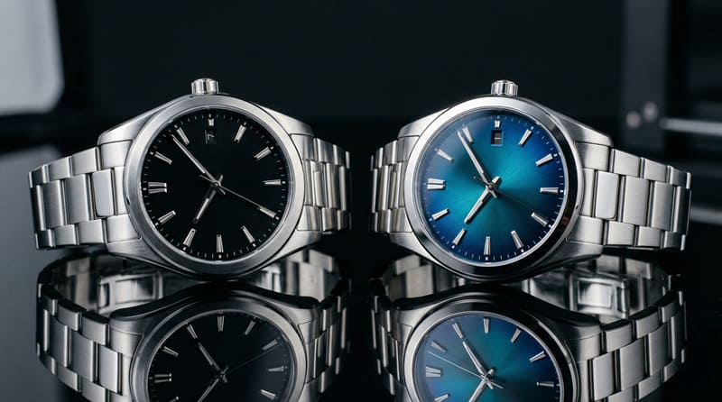 黒文字盤と青文字盤が並べられた腕時計のイメージ