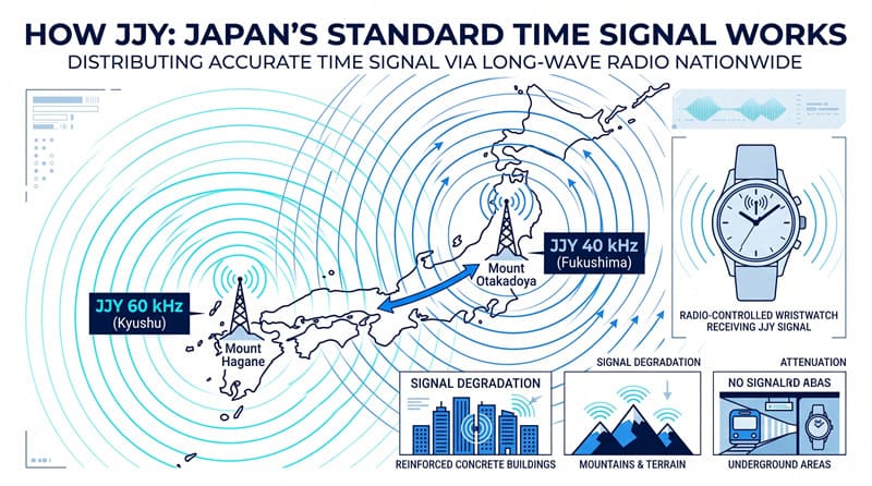 日本全土をカバーする2つの電波塔（福島・九州）の役割の図解