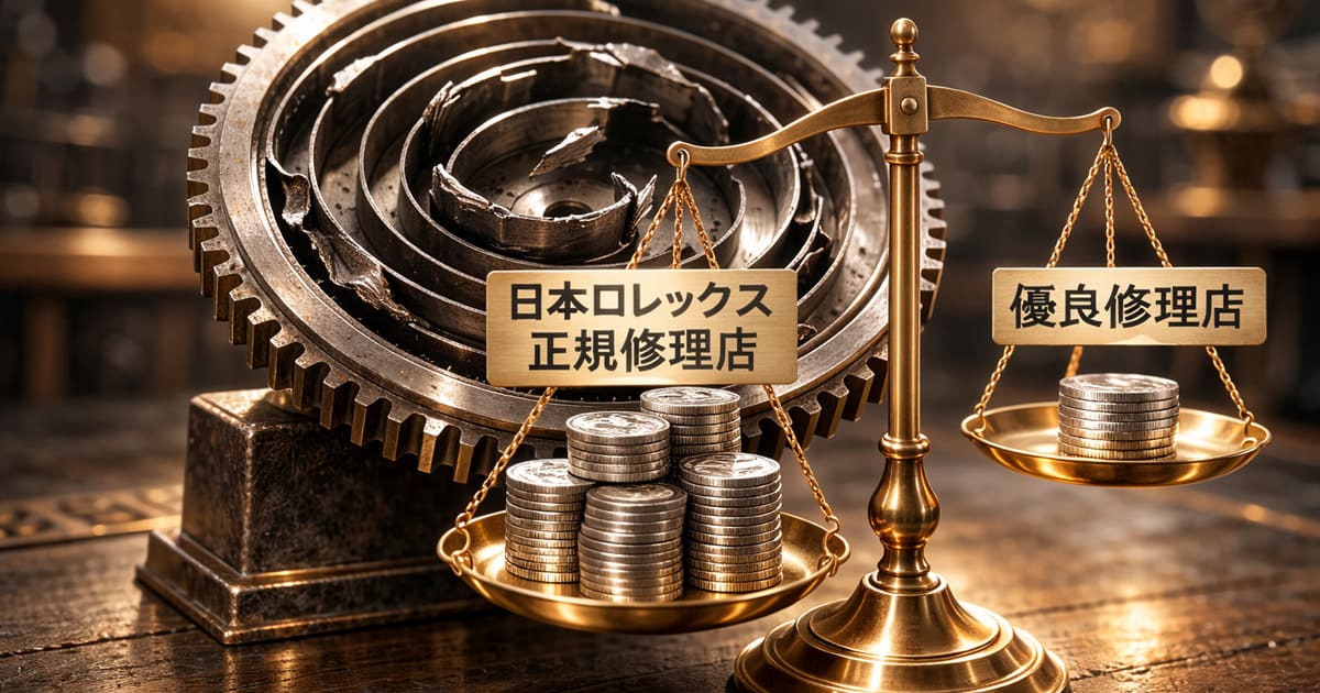ロレックスのゼンマイ交換費用の対比をイメージさせる画像