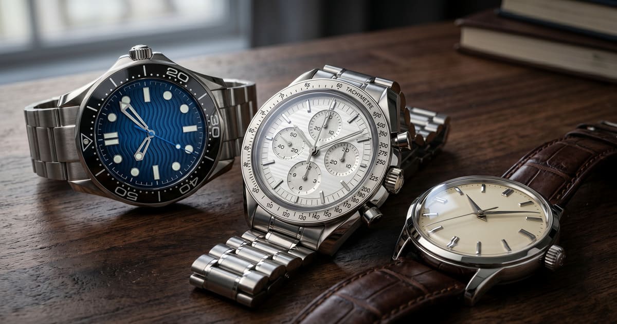 3つ並んだ高級時計のイメージ※本画像は生成AIにより作成したイメージです。特定のメーカーやモデルを再現したものではなく、メーカーの承認や関与はありません。